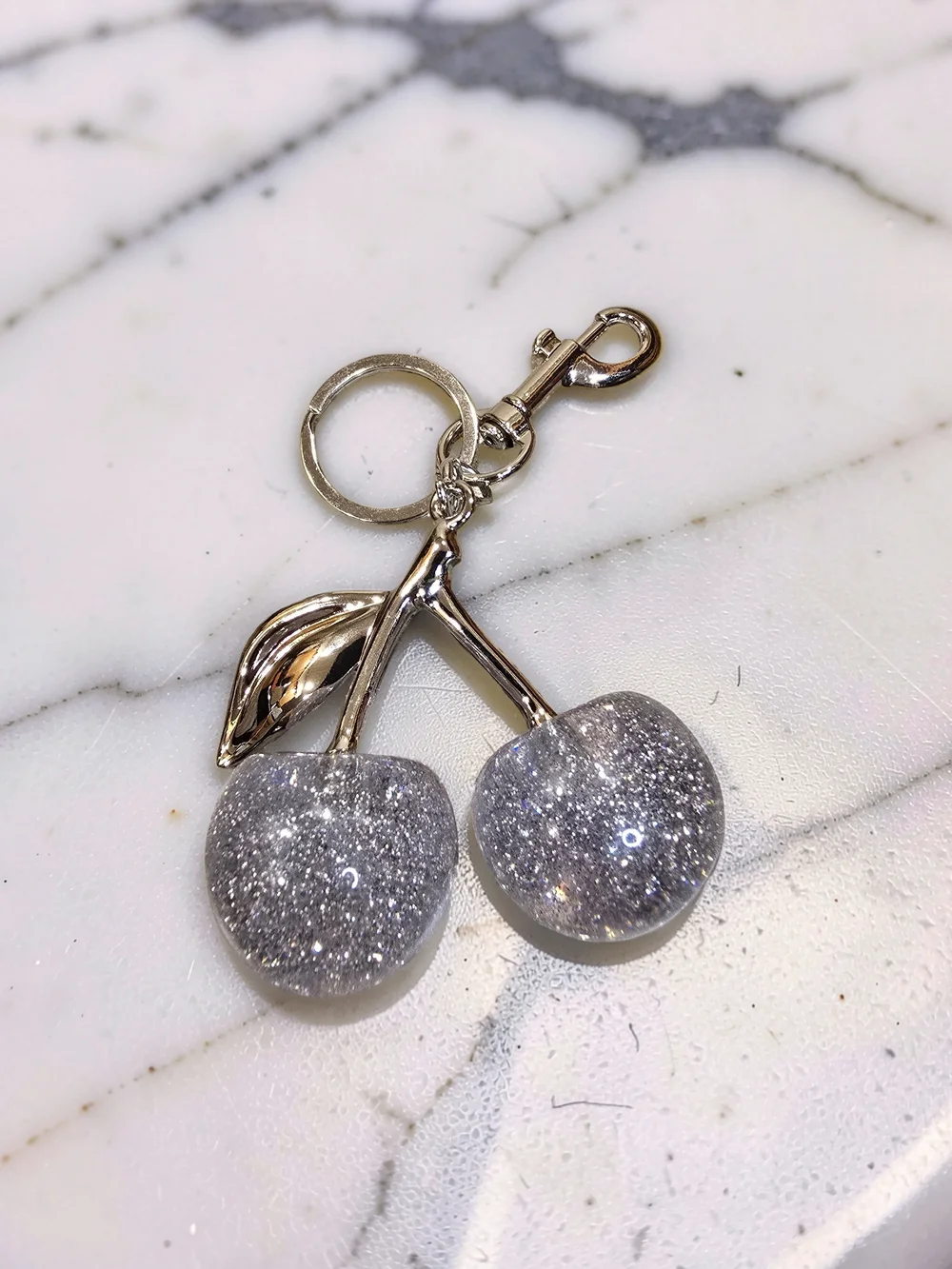Silver Glitter Cherry Keychain Bag Charm